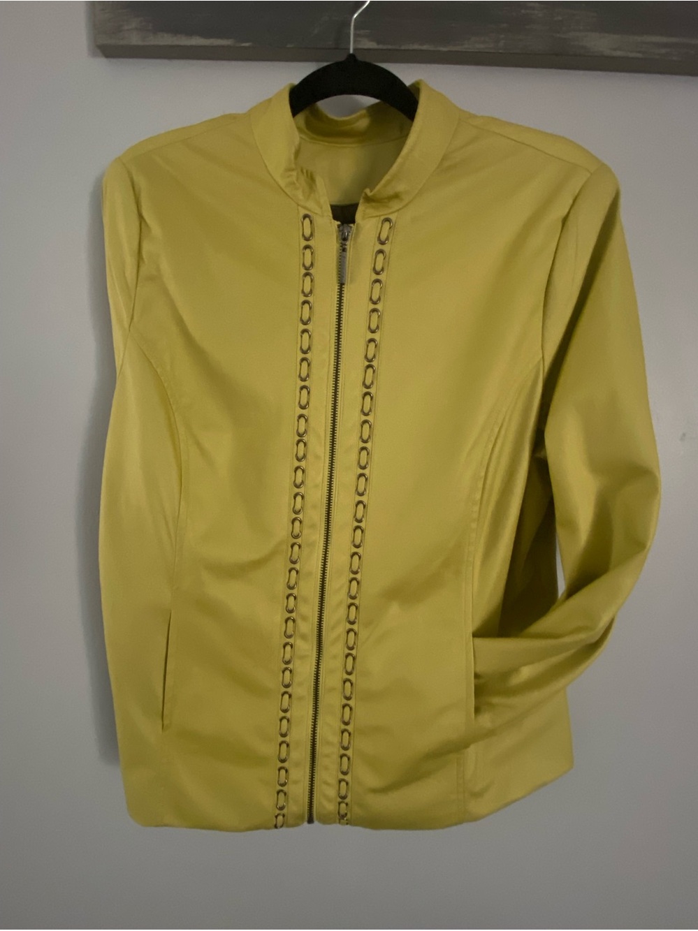 TanJay Lemon Yellow Zip-Up Bomber Jacket with Chain-Style Trim
